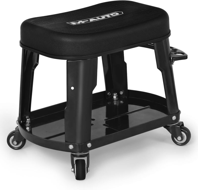 M-AUTO Heavy Duty Garage Rolling Work Seat 300LBS Capacity Mechanics Stool with Wheels, Equipment Tray and Tool Rack, Rectangle Mechanic Roll Chair, Black, ( A03-RS-004-BK) - Image 1